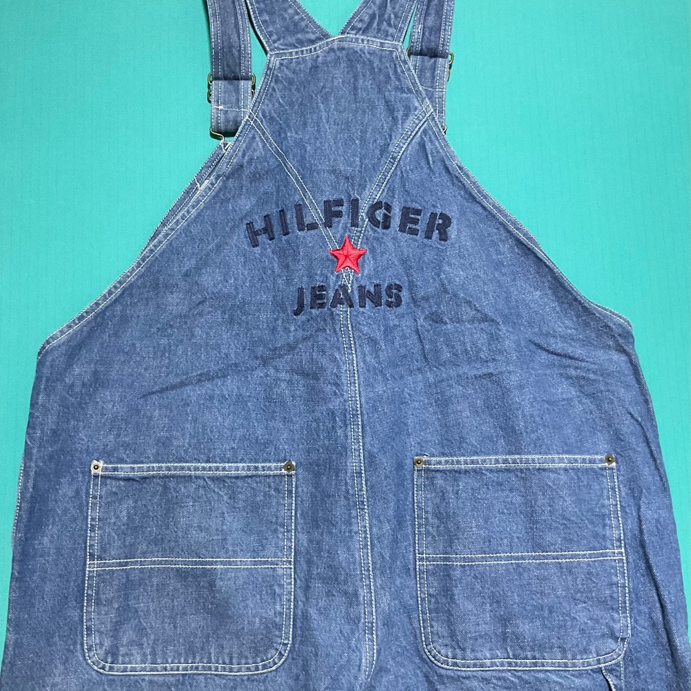 Tommy Hilfiger Blue Denim Overalls with Flag Brand Logo Women’s 2X Y2K Retro